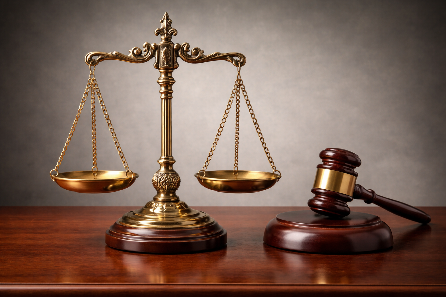 Scales and gavel on mahogany table