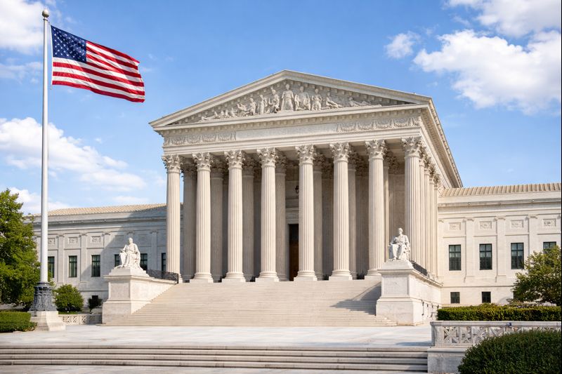 US Supreme Court building with flag